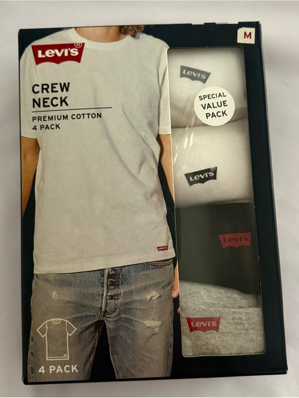 Levi's Men's Crew Neck 4-Pack T-Shirts - White, Navy, Gray